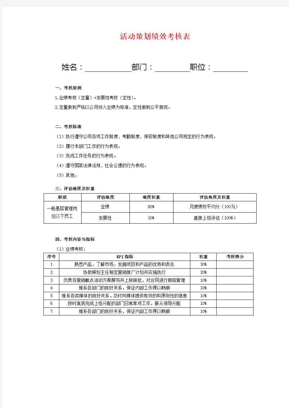 活动策划绩效考核表