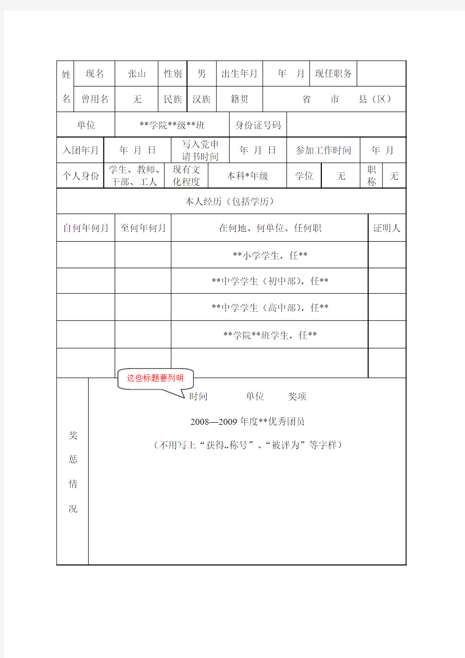 入党积极分子培养考察登记表填写模版