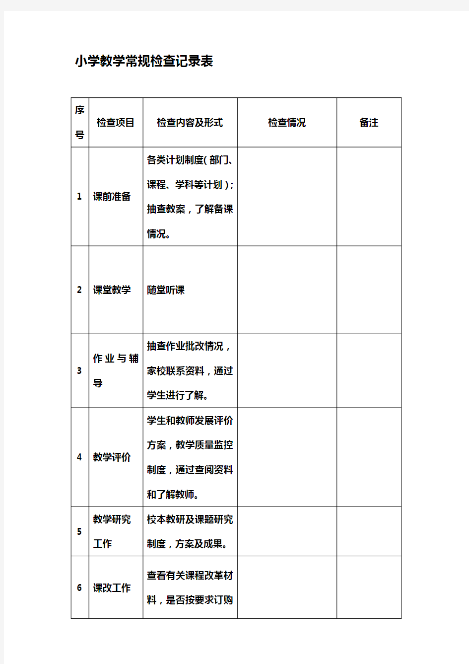 小学教学常规检查记录表