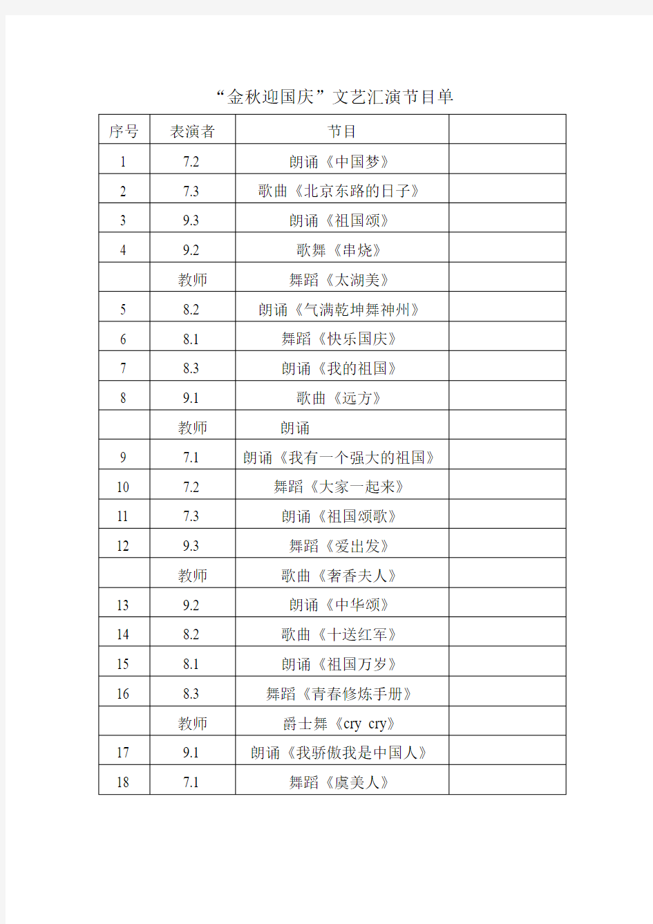 国庆文艺演出节目单