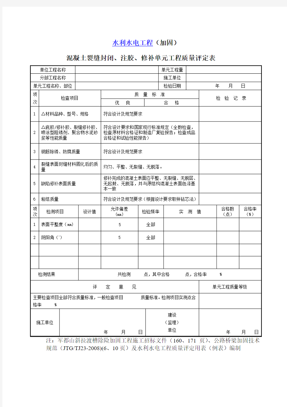 混凝土裂缝封闭注胶修补质量评定表