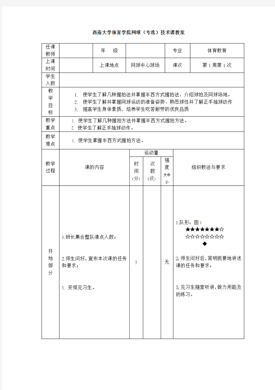 网球专项课教案(第1周)