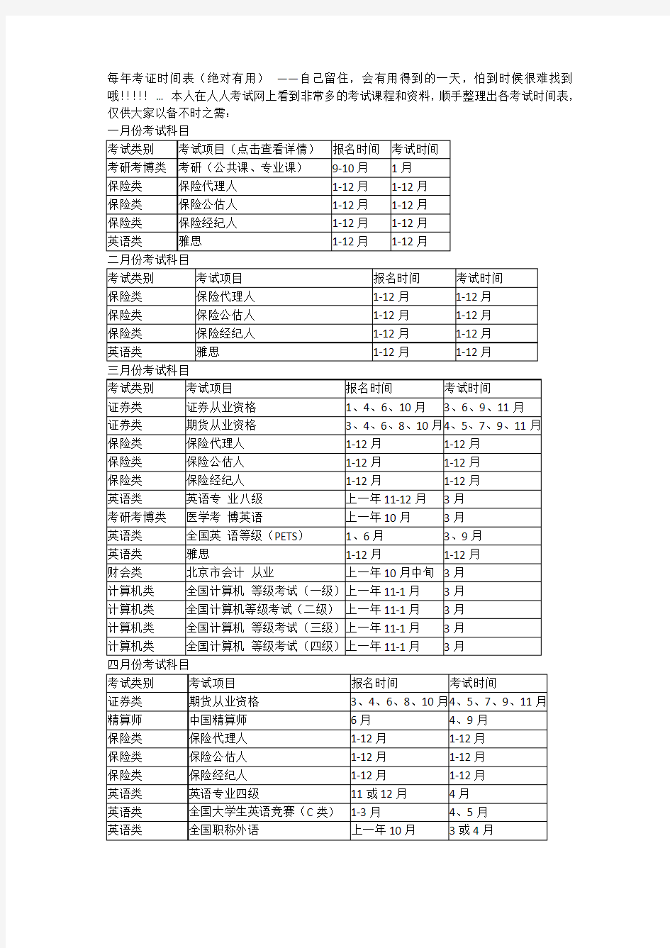 最齐全的各种考证报名考试时间表