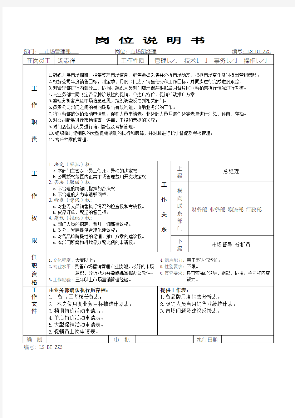 市场管理部岗位职责