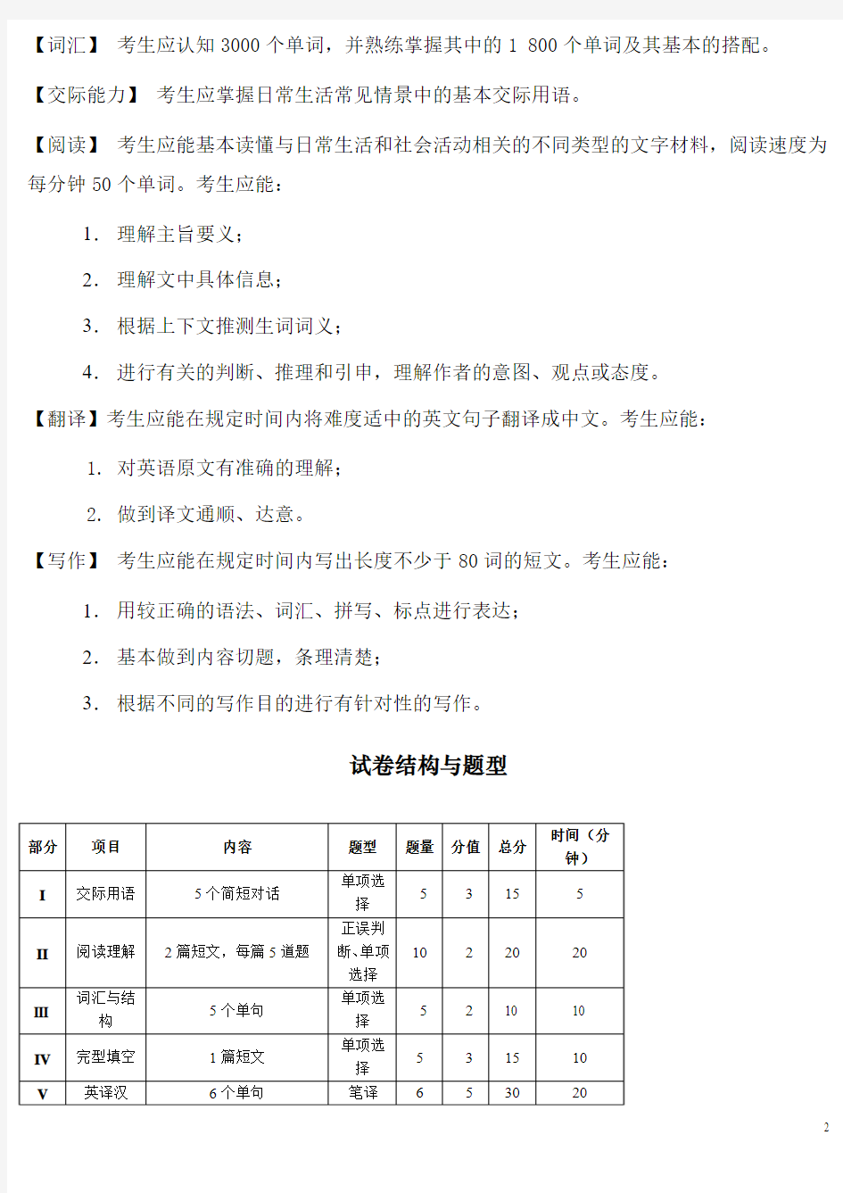 统考大学英语(A、B、C)考试大纲