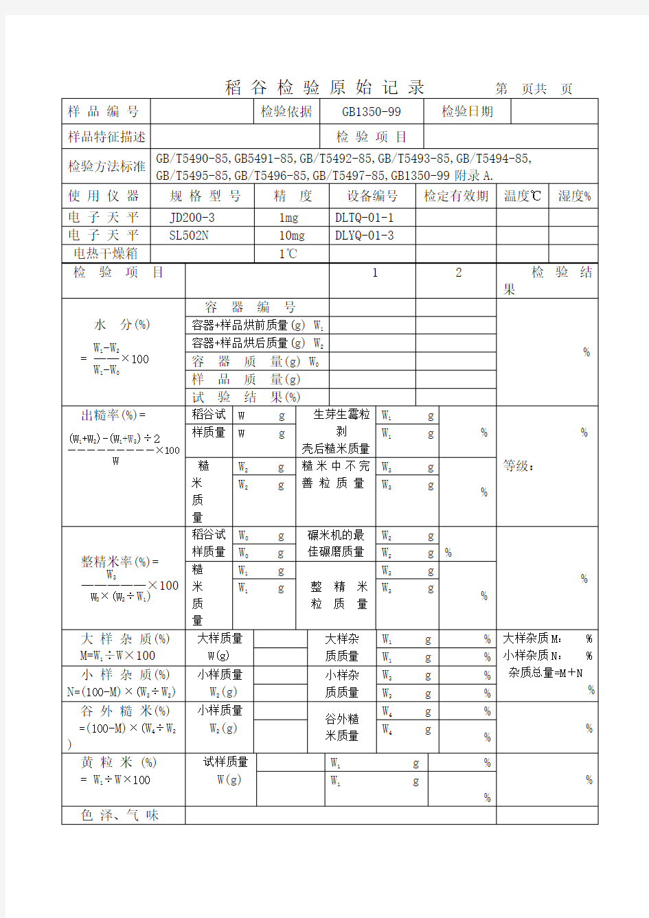 稻谷检验原始记录