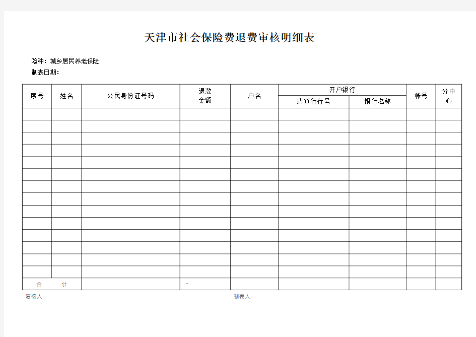 天津市社会保险费退费审核明细表