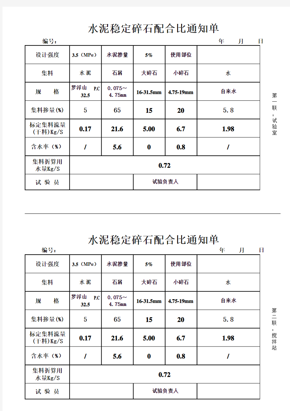 水泥稳定碎石配合比通知单