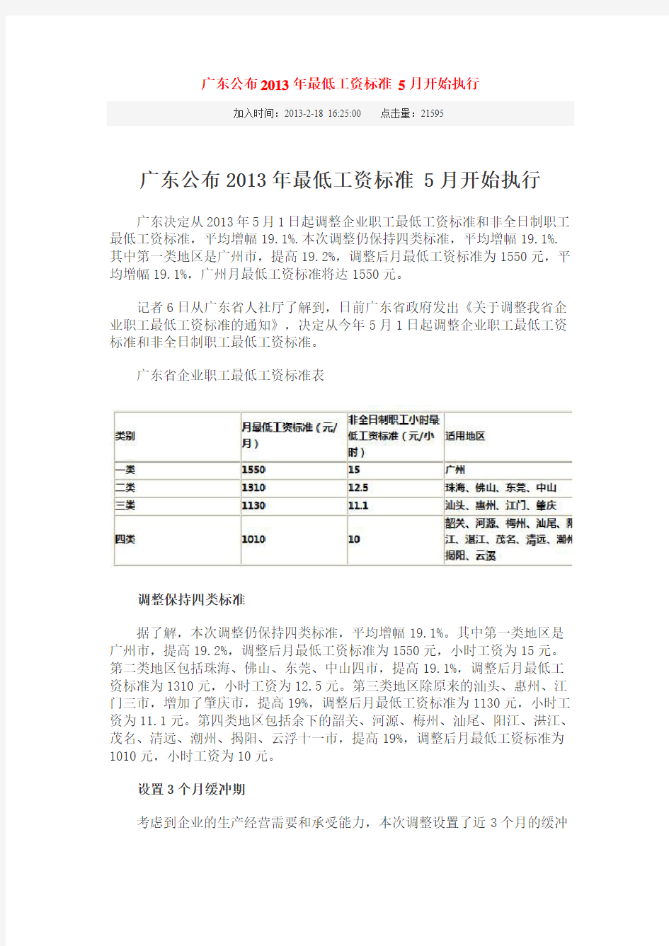 广东省2013年最低工资标准