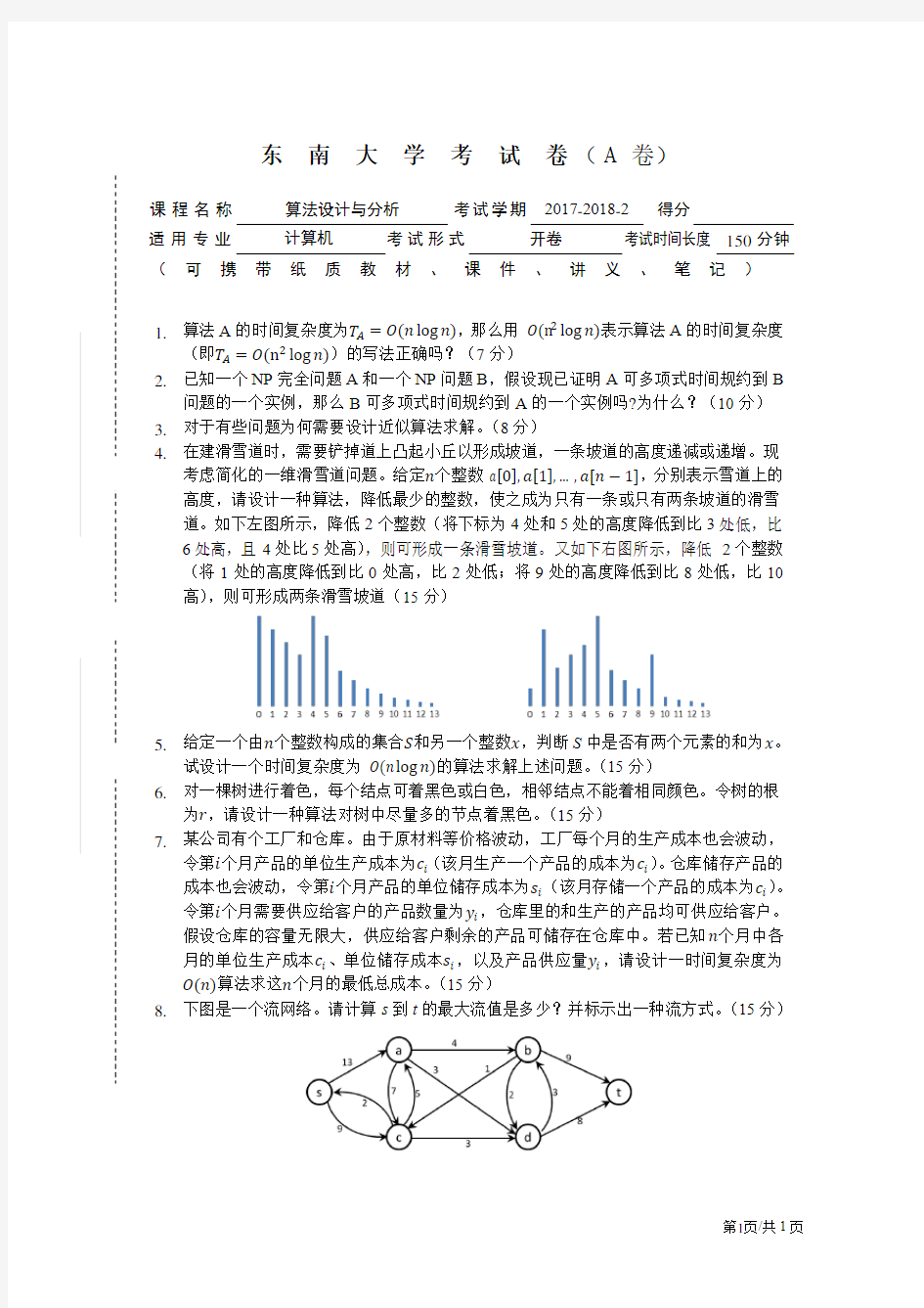 东南大学2017秋算法试卷