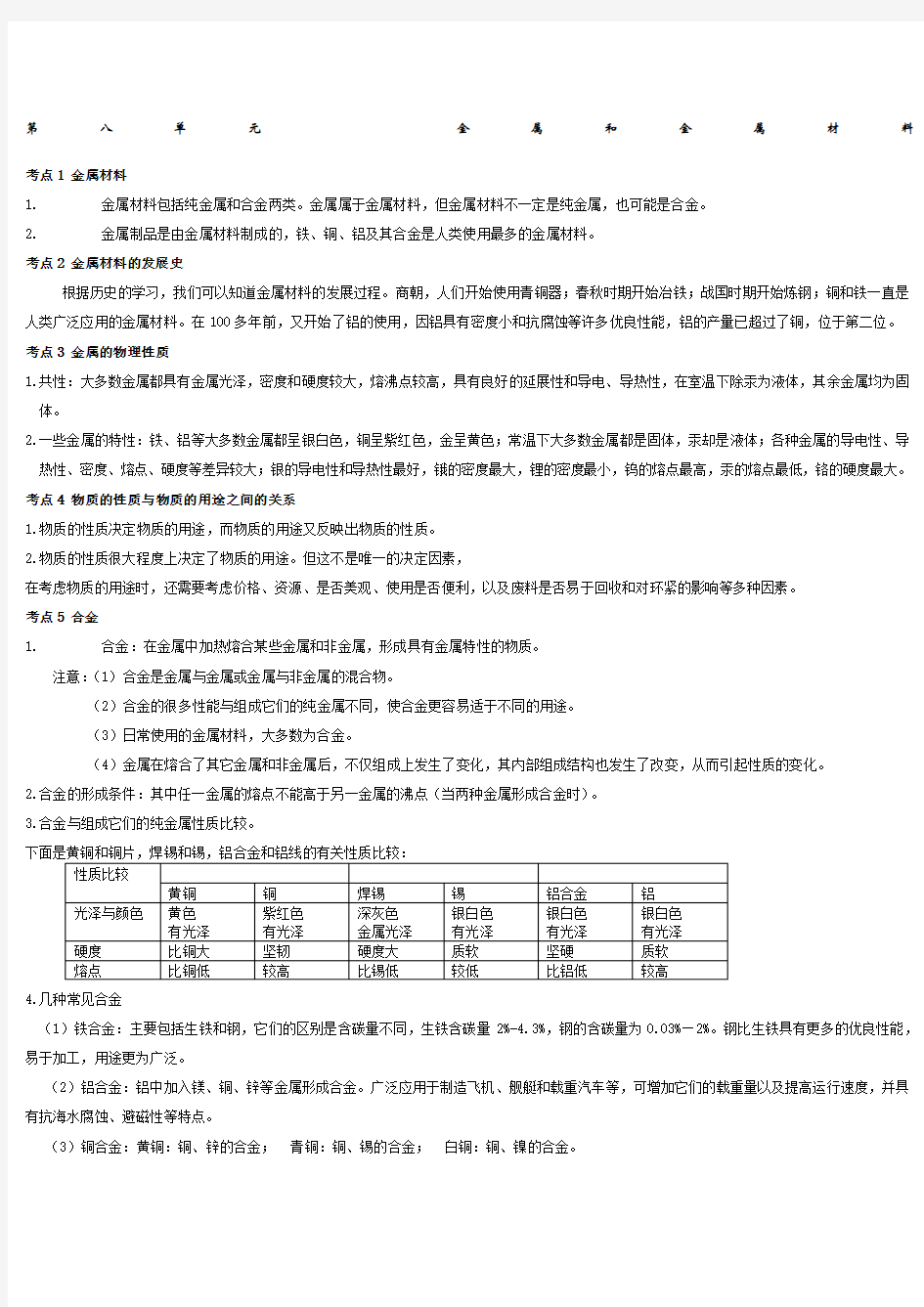 初中化学金属和金属材料知识点和考点