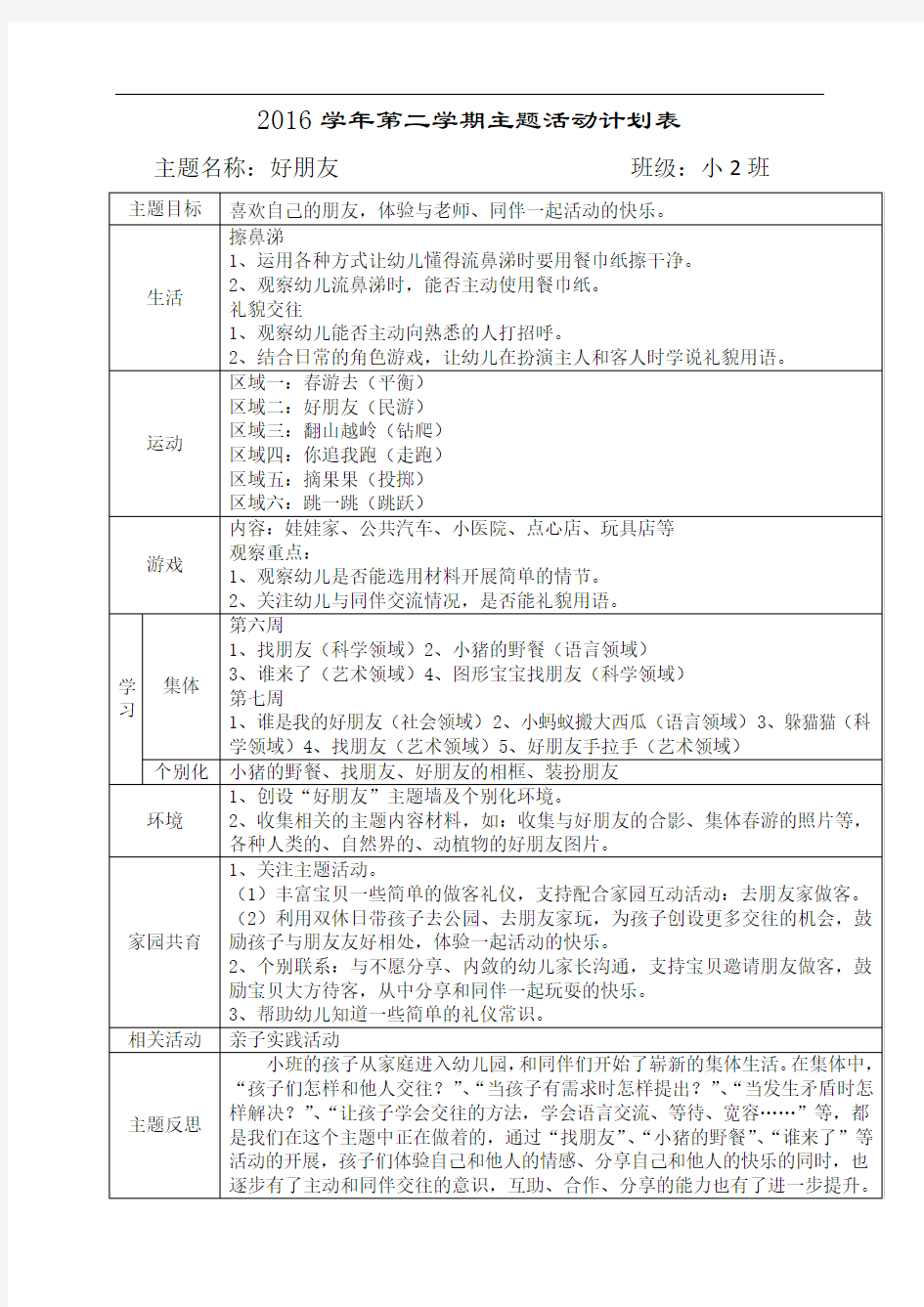 幼儿园小班主题教学活动计划表1：好朋友