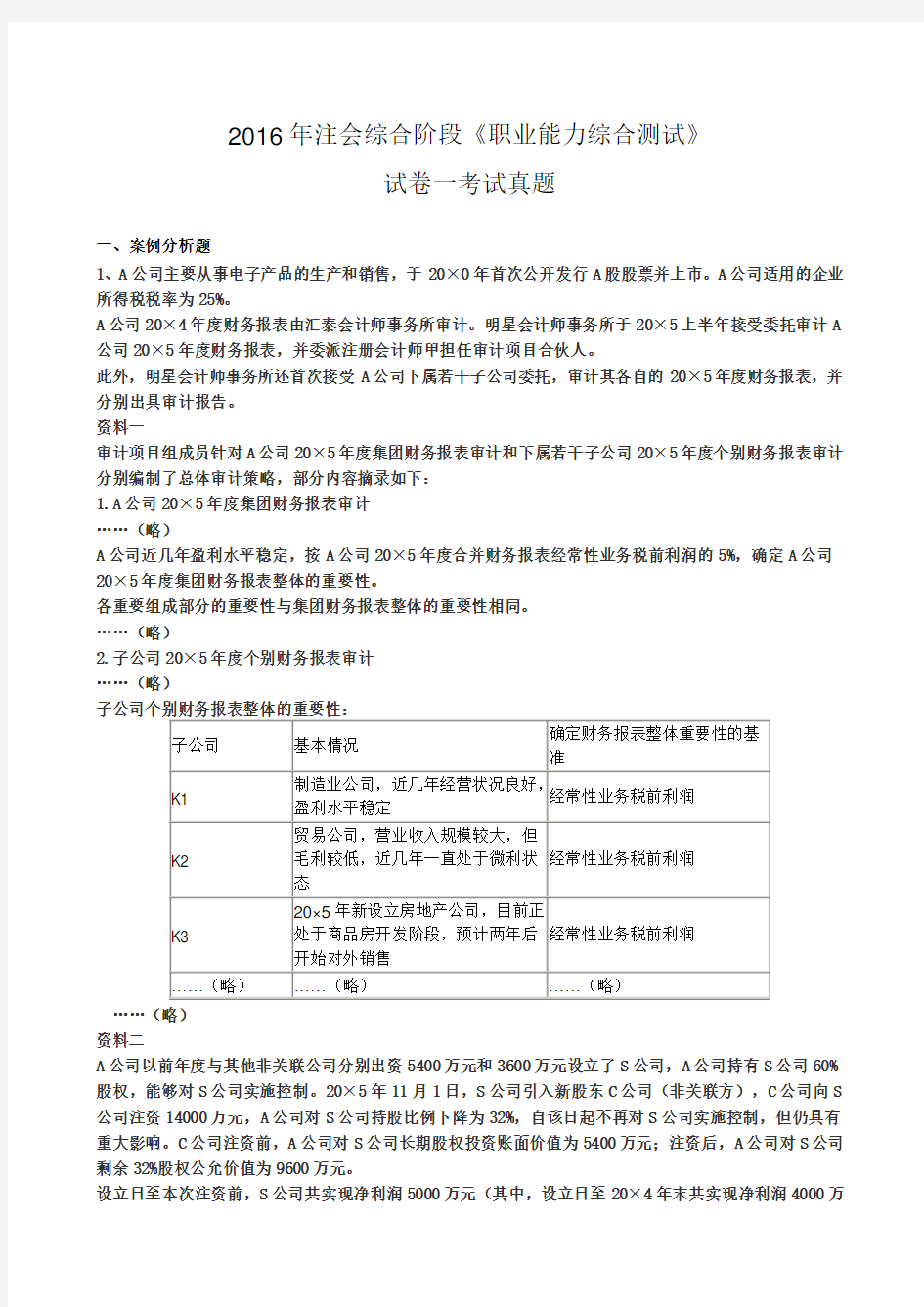 2016年注册会计师综合阶段职业能力综合测试一