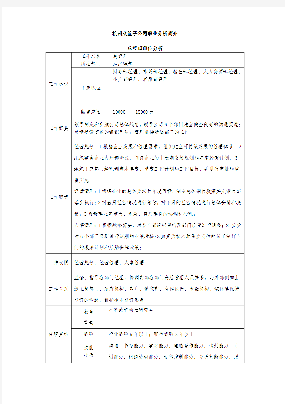 人力资源管理职位分析