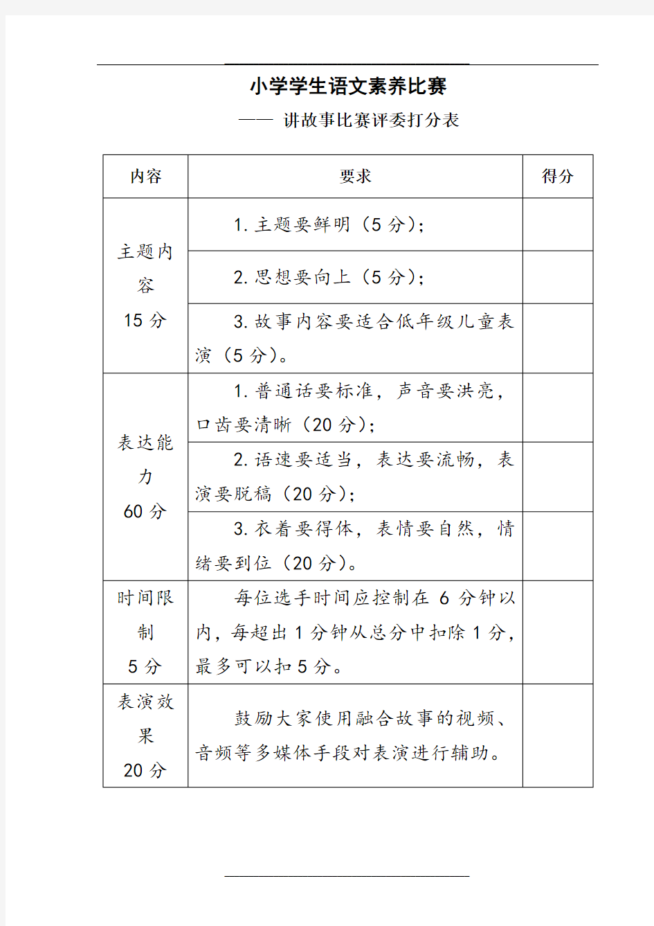 一年级讲故事比赛评分表