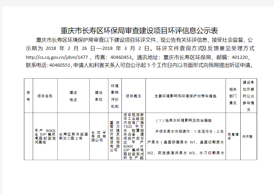 重庆市长寿区环保局审查建设项目环评信息公示表