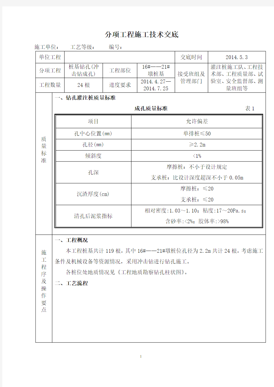 桩基钻孔(冲击钻成孔)技术交底