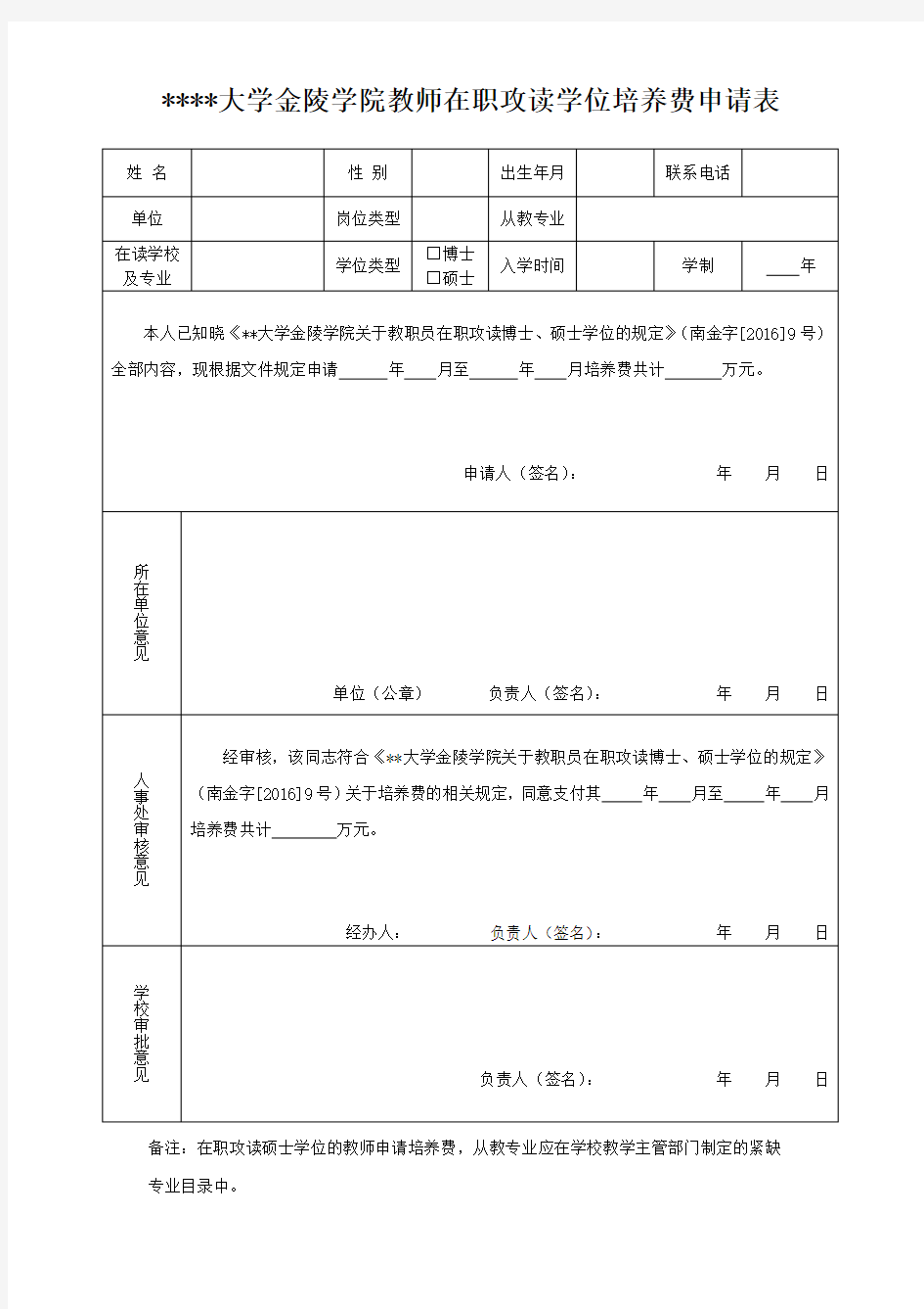 南京大学金陵学院教师在职攻读学位培养费申请表【模板】