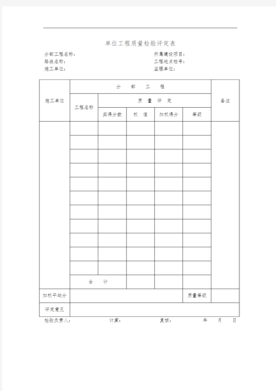 单位工程质量检验评定表