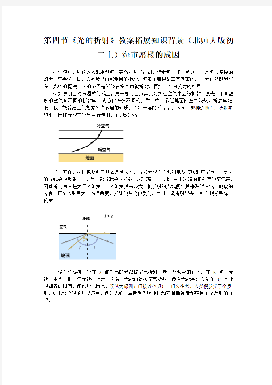 第四节《光的折射》教案拓展知识背景(北师大版初二上)海市蜃楼的成因