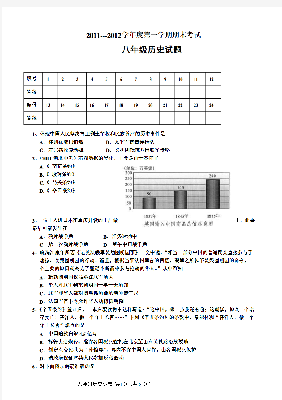 (完整版)人教版历史八年级上册试题(含答案)