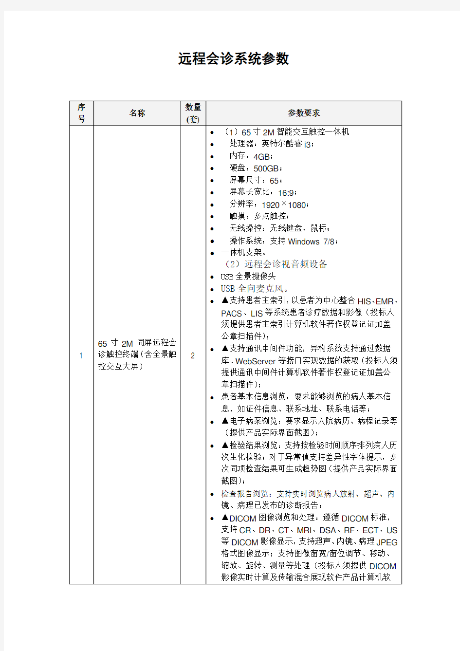 远程会诊系统参数