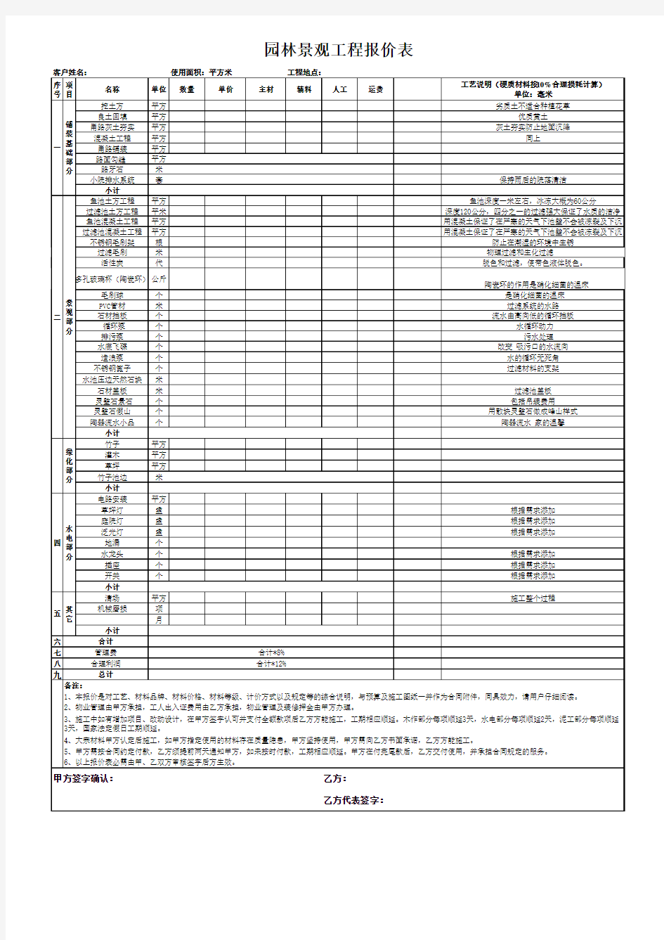 园林景观工程报价表