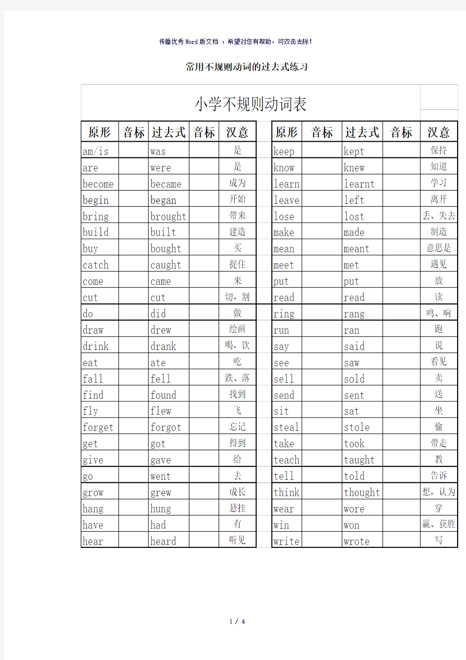 小学六年级英语常用不规则动词的过去式练习