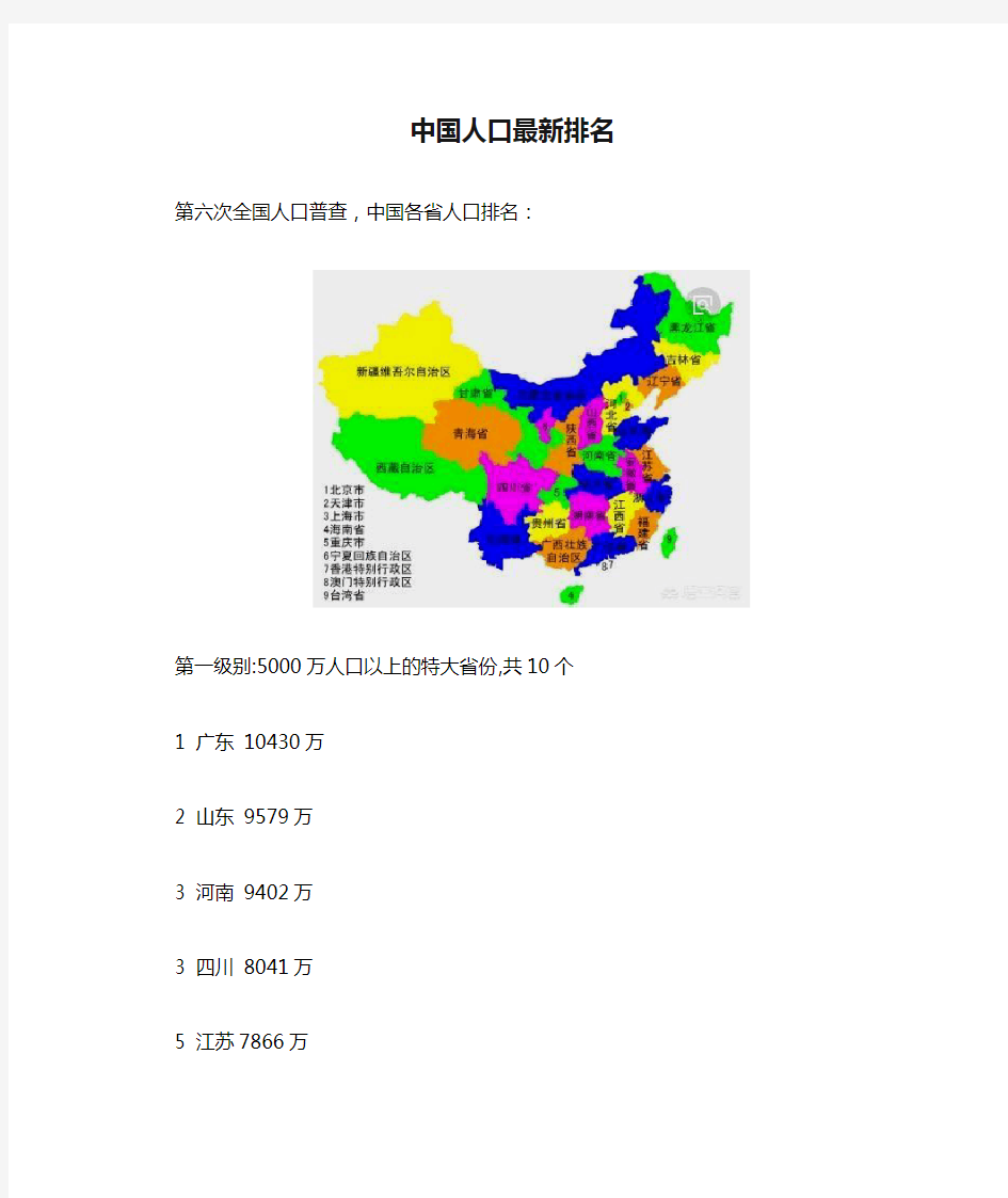 2019中国人口最新排名