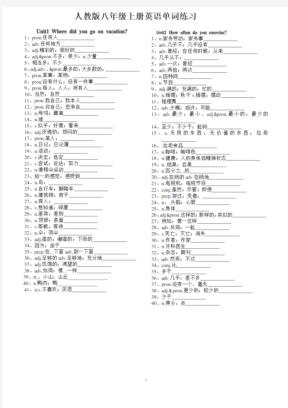 (完整)新人教版八年级上册英语单词练习