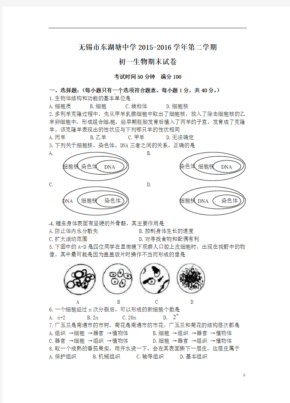 苏科版生物七下期末试卷、答卷及答案讲述