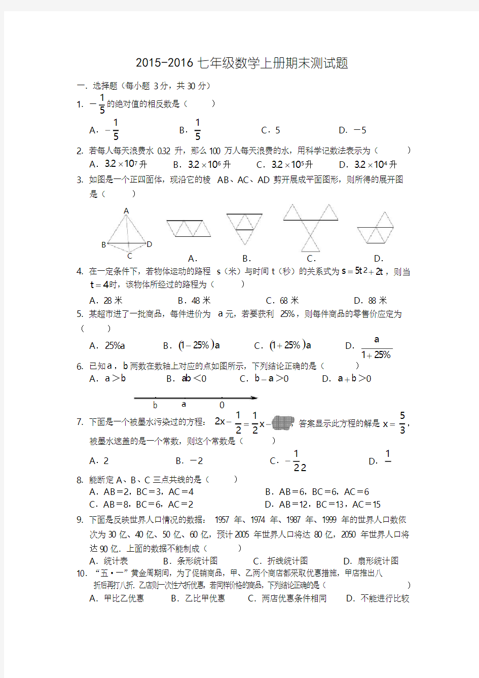 2015沪科版七年级数学上册期末测试题(学生)