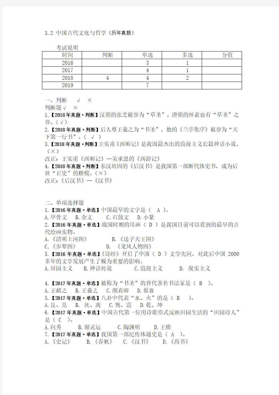 3.2 中国古代文化与哲学(历年真题)