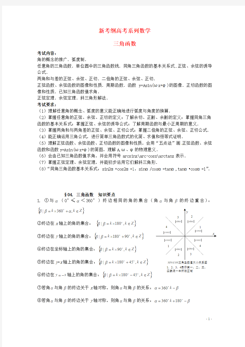 新考纲高考系列数学三角函数