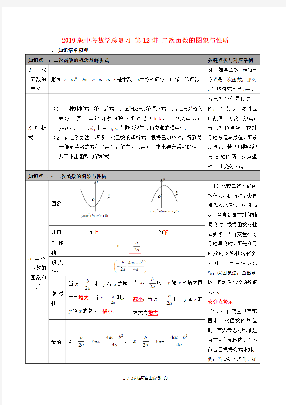 2019版中考数学总复习 第12讲 二次函数的图象与性质