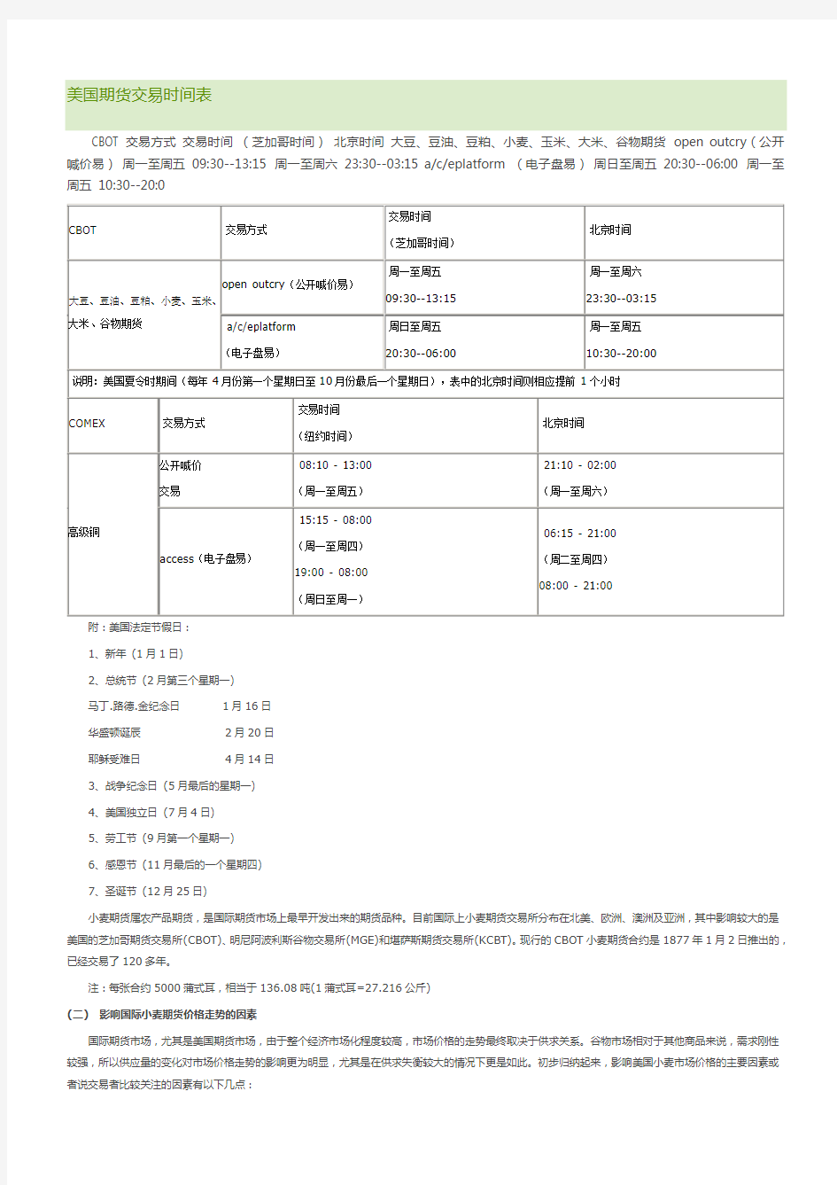 美国期货交易时间表