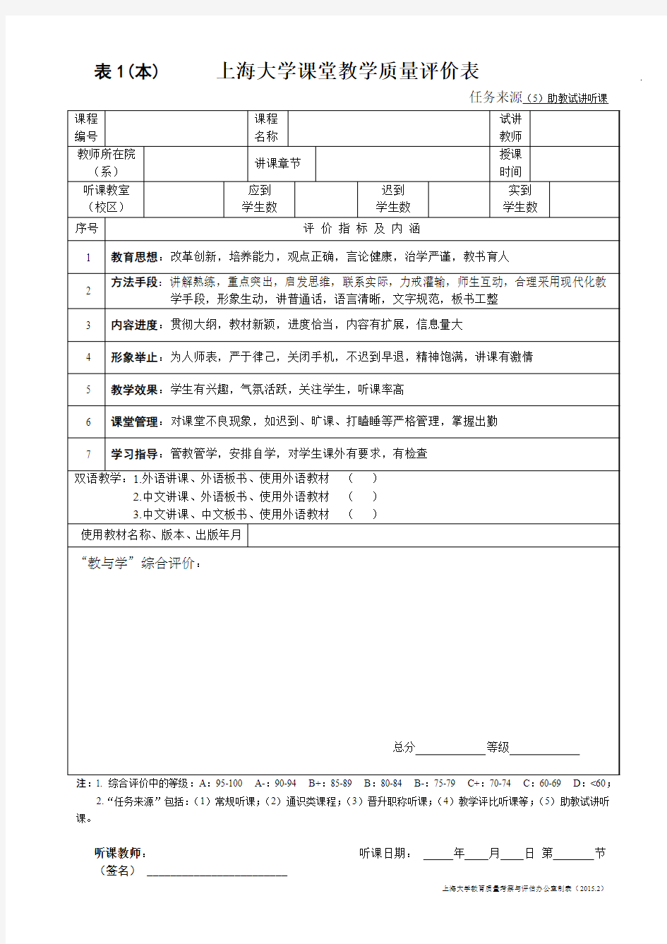 表1本上海大学课堂教学评价表