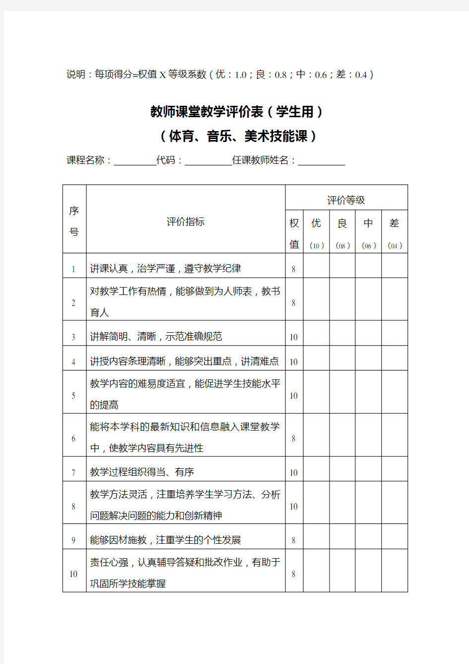 《教师课堂教学评价表》模版.