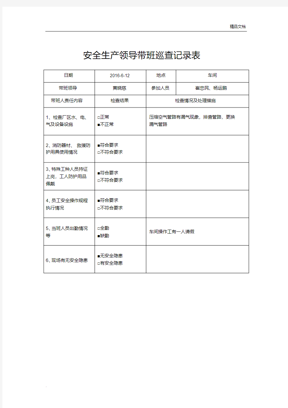 安全生产领导带班巡查记录表