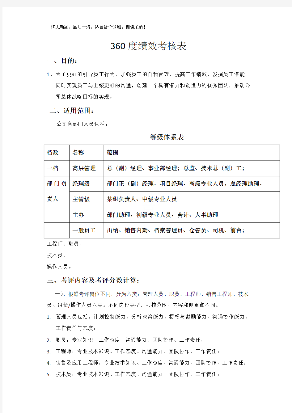 公司各个岗位360度考核表