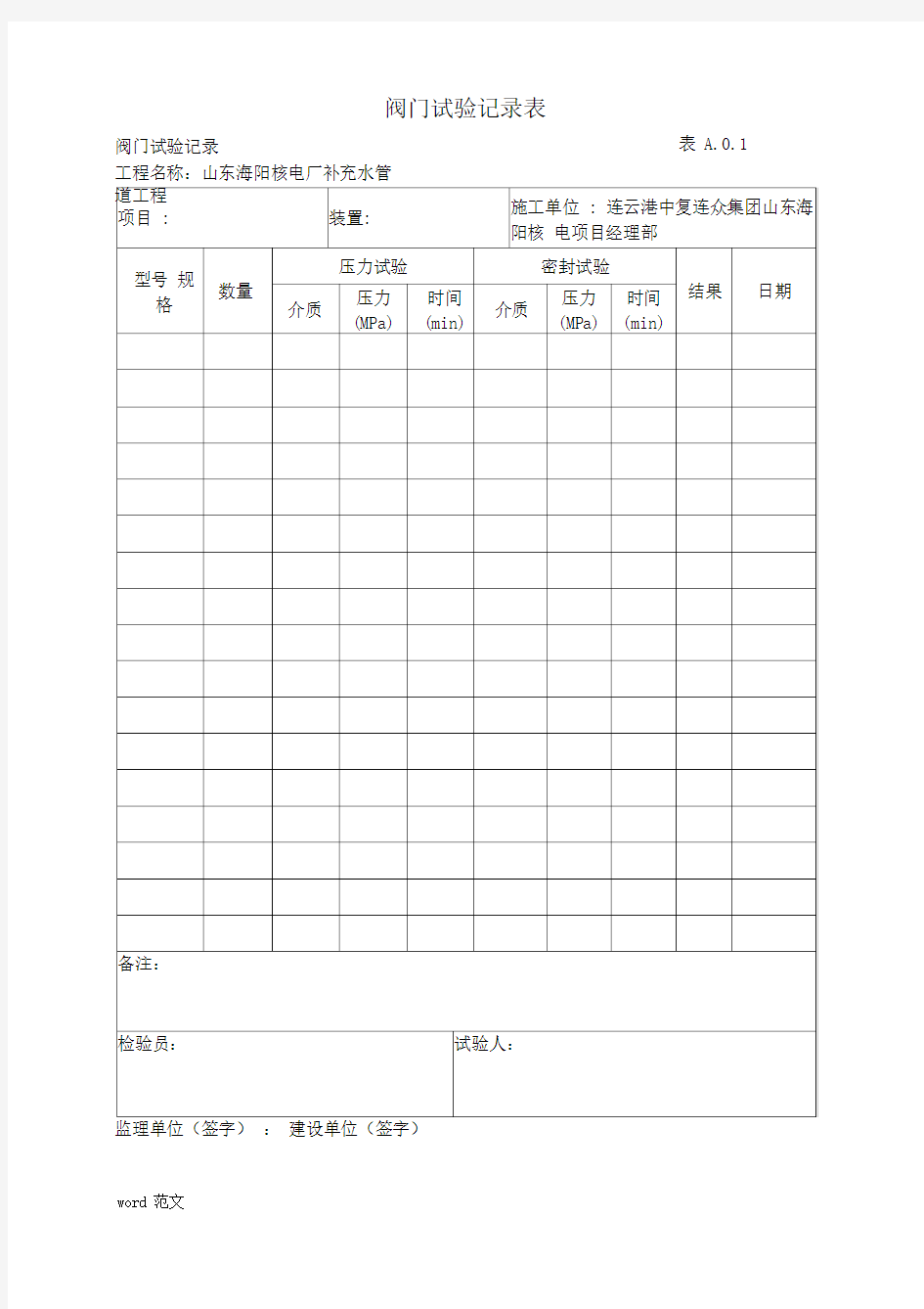 阀门试验记录表