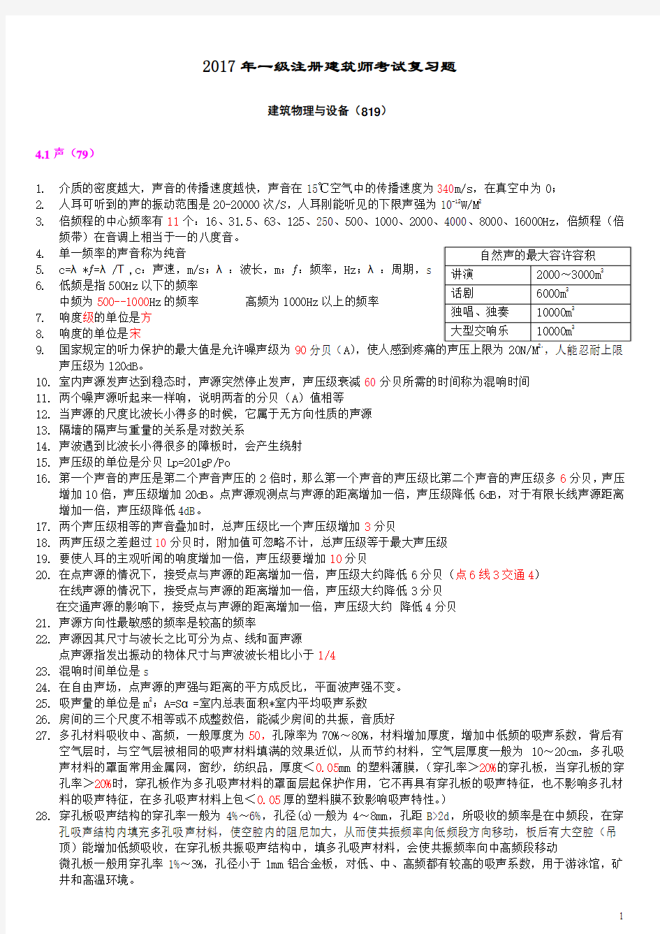 2017年一级注册建筑师建筑物理与设备