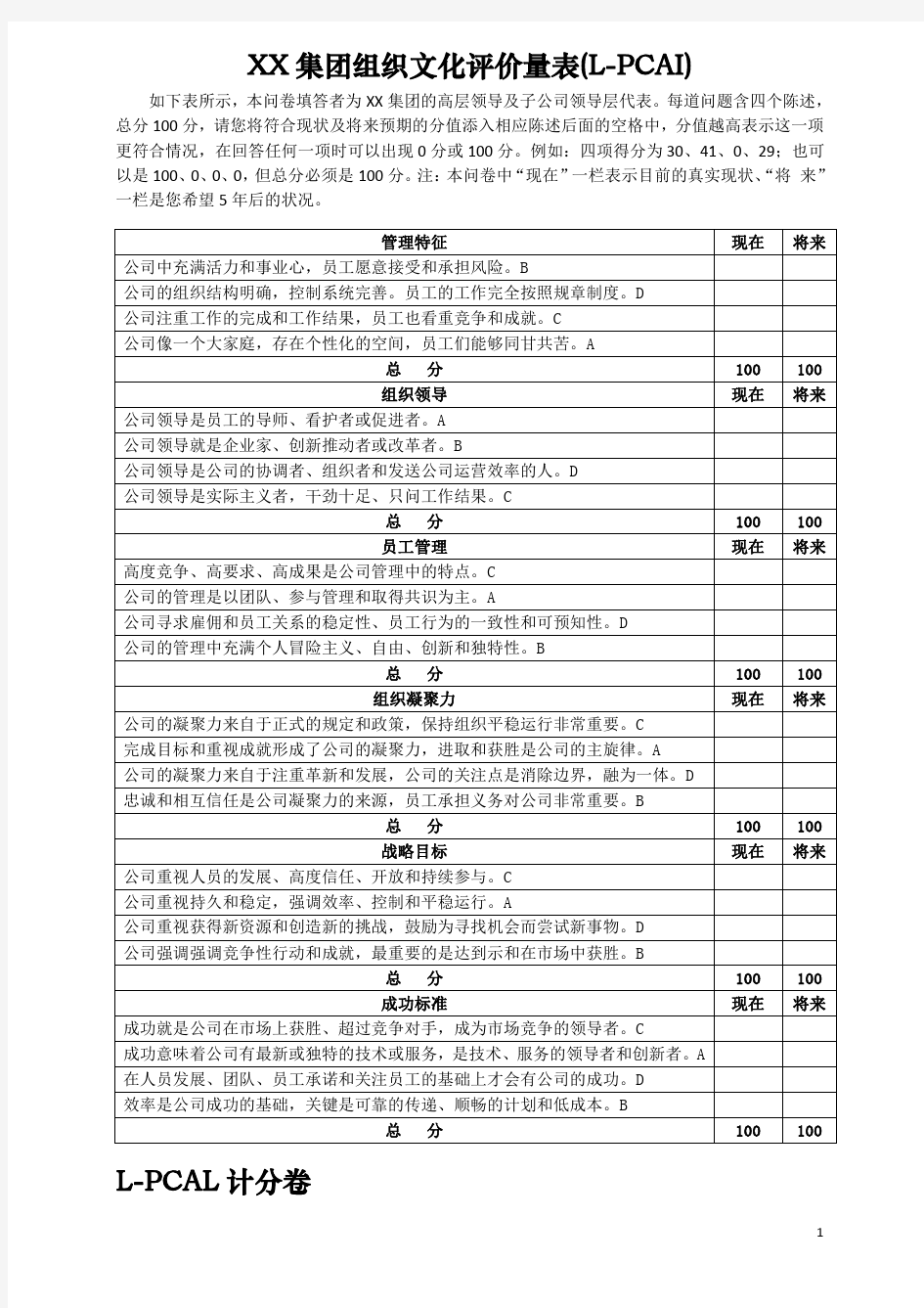 集团组织文化类型评价量表