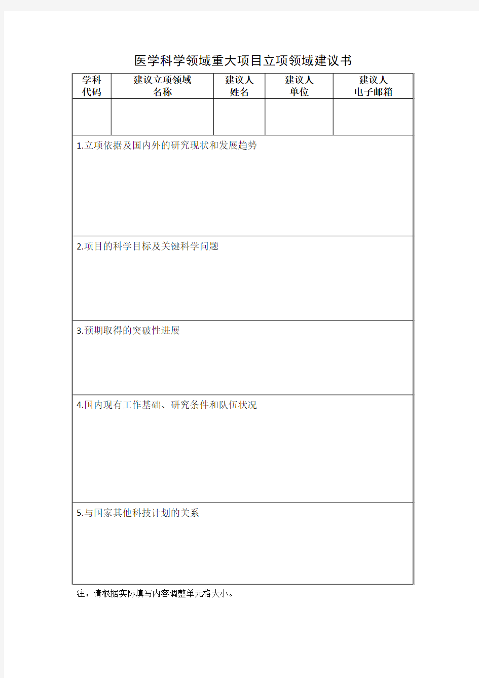 医学科学领域重大项目立项领域建议书