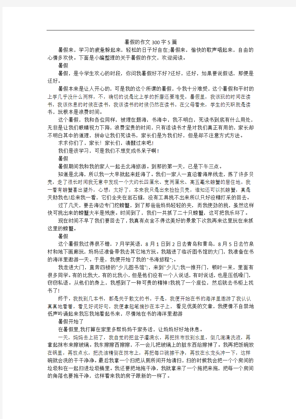 暑假的作文300字5篇