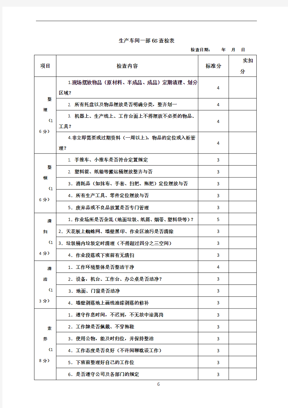 6S管理评分表