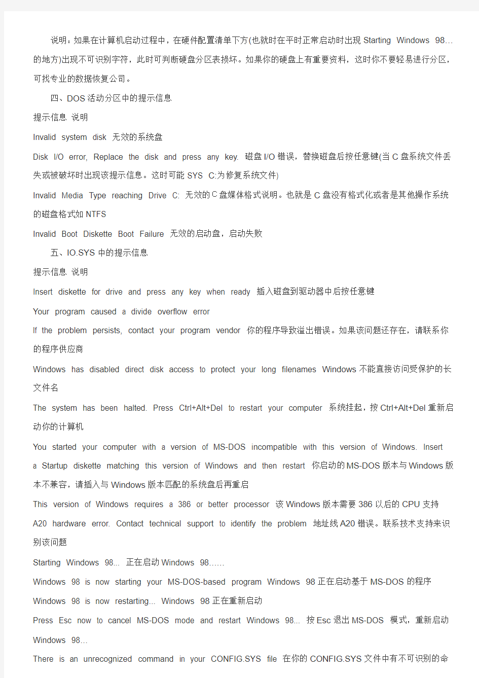 电脑各种错误信息的中文意思(绝对有用!)