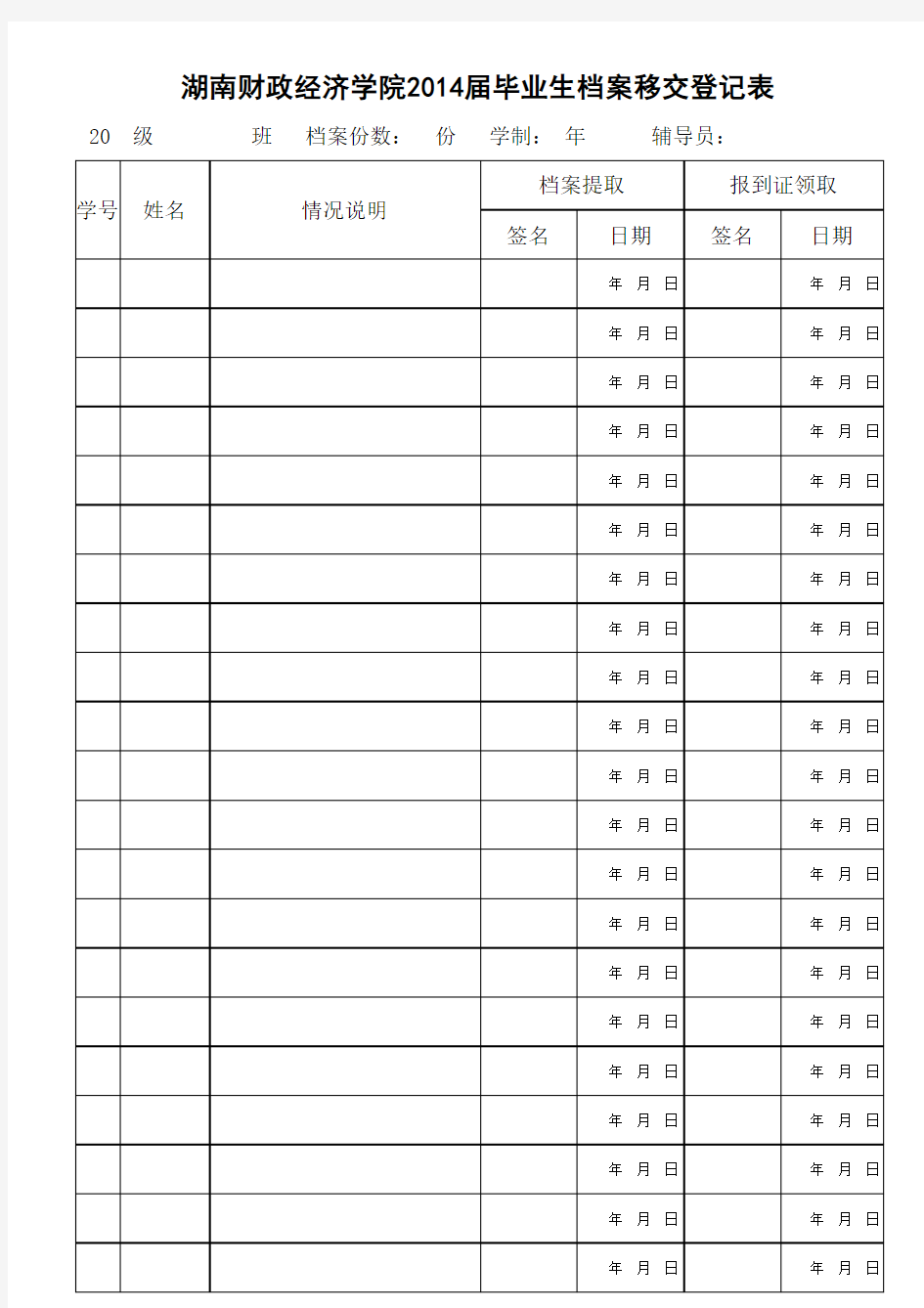 湖南财政经济学院2014届毕业生档案移交登记表