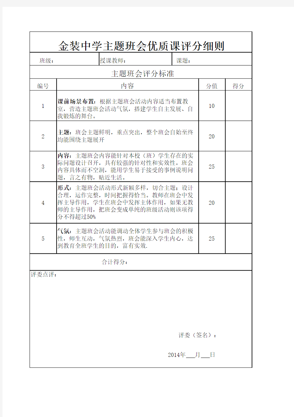 主题班会优质课评分细则