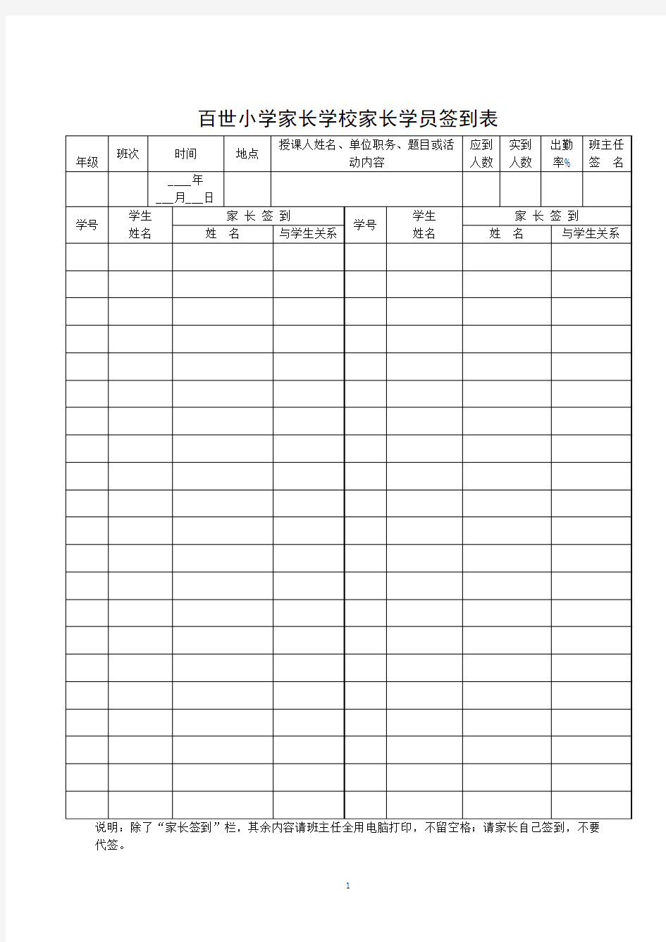 家长学校家长学员培训各项表格